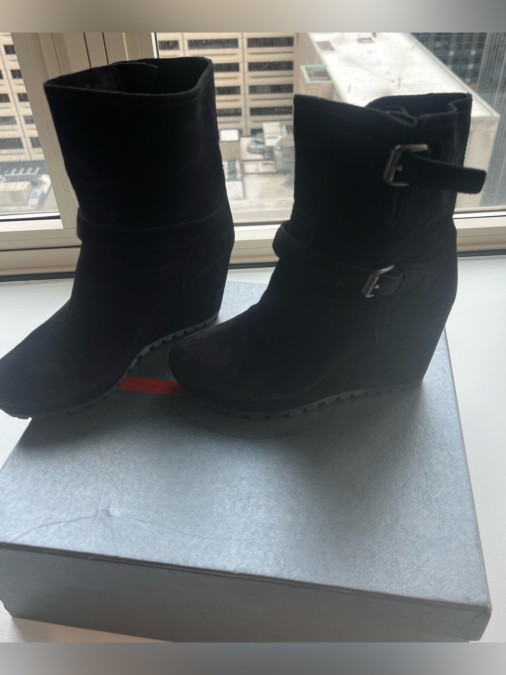 Prada Black Suede Wedge Ankle Boots with Buckle Detail